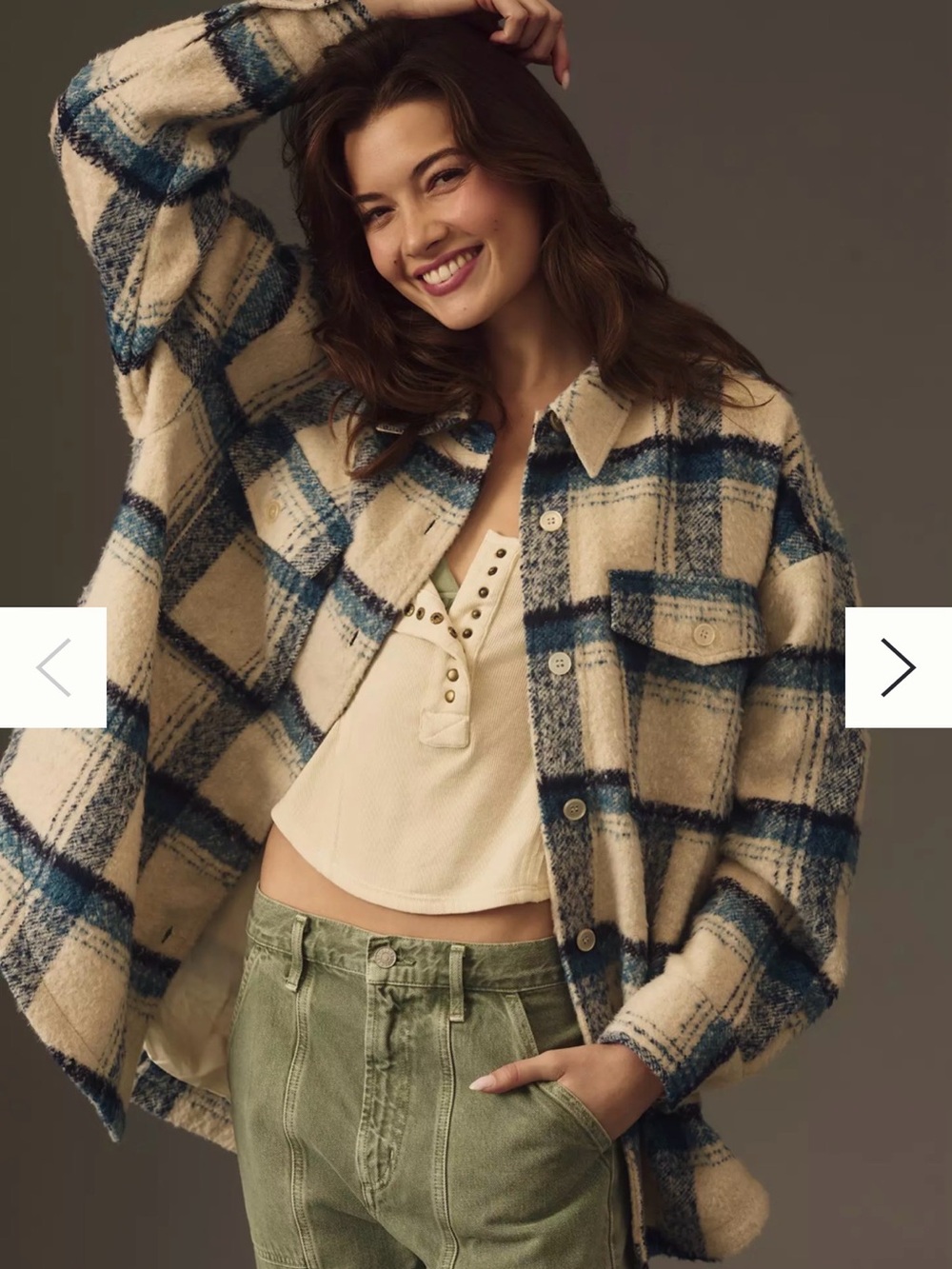Anthropologie x Good American Cream and Blue Plaid Button-Down Shacket